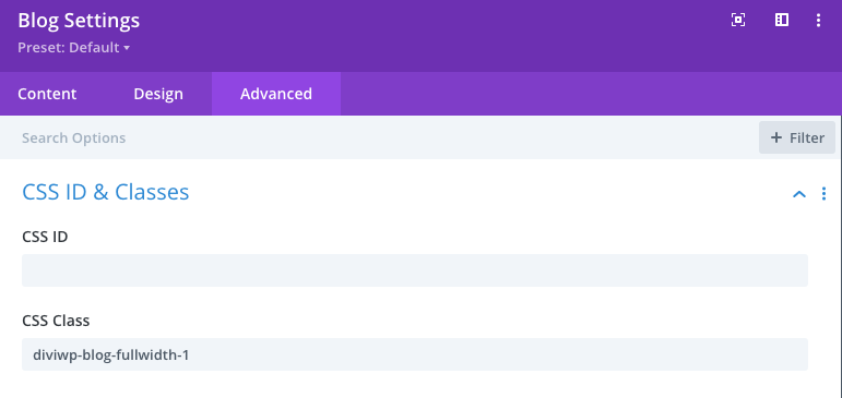 In this example, the class name is set to diviwp-blog-fullwidth-1