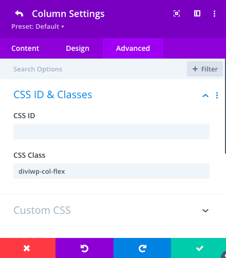 This means the Column has a custom class called diviwp-col-flex which is set via the Column Settings → Advanced → CSS ID and…