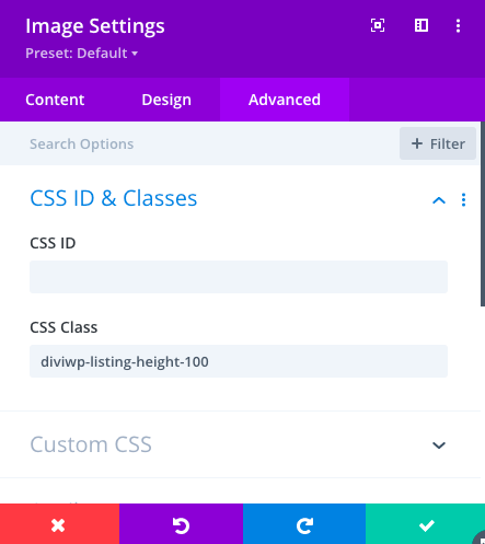 This means the Image module has a custom class of diviwp-listing-height-100 set via Image Module Settings → Advanced → CSS…