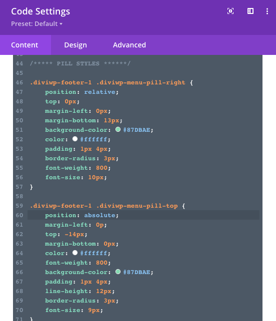 You can edit the CSS for each pill within the "Custom CSS Code for diviwp-footer- number" module within your section