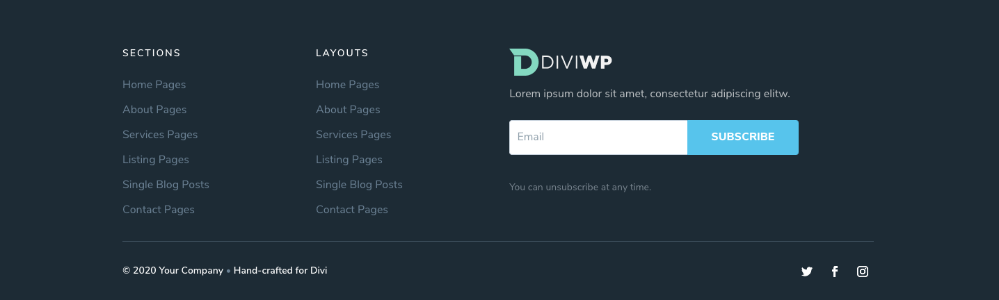 Footer Sections 1,2,9,10,11 and 12 include an Optin Form Module