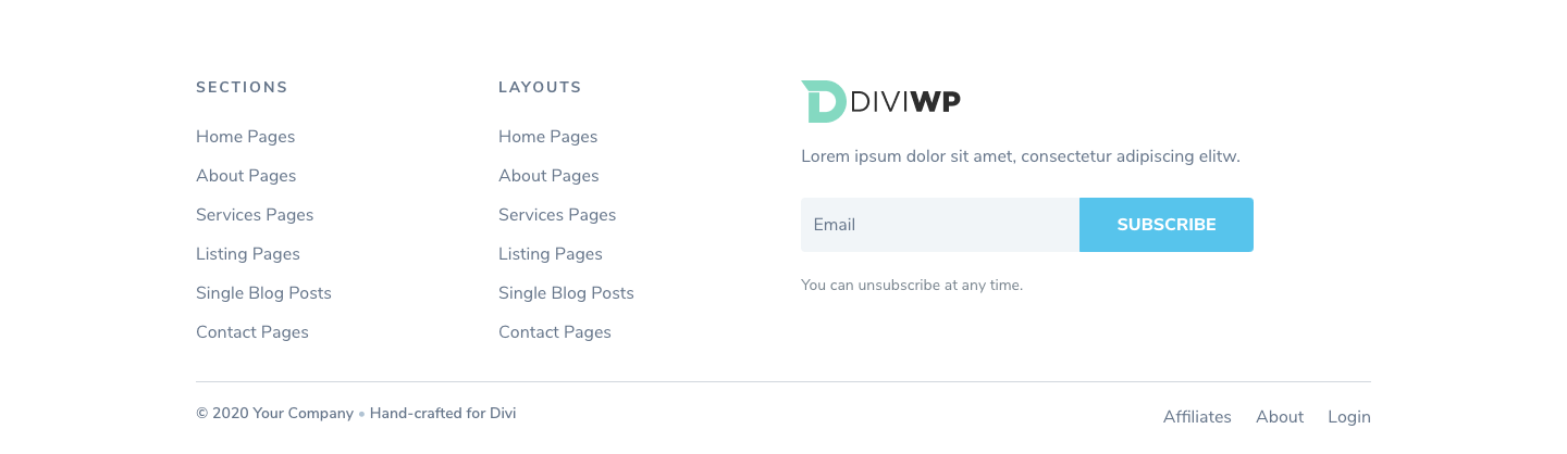 Footer Sections 1,2,9,10,11 and 12 include an Optin Form Module