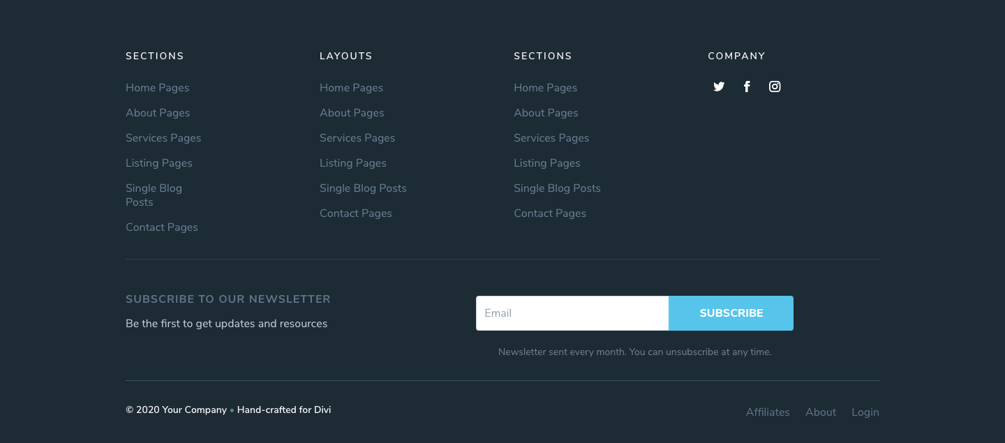 Footer Sections 1,2,9,10,11 and 12 include an Optin Form Module