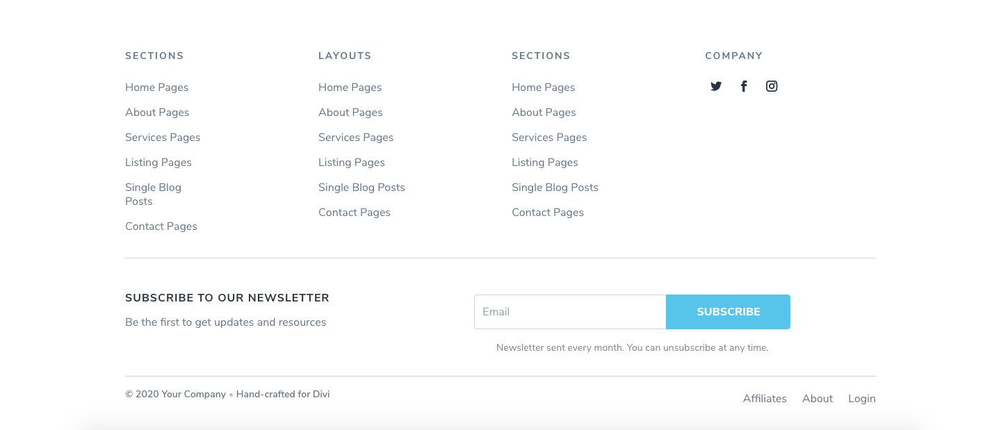 Footer Sections 1,2,9,10,11 and 12 include an Optin Form Module