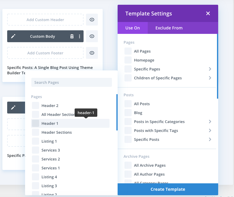 Click "Create Template" and then hover of the "Specific Pages" checkbox and then select your new page