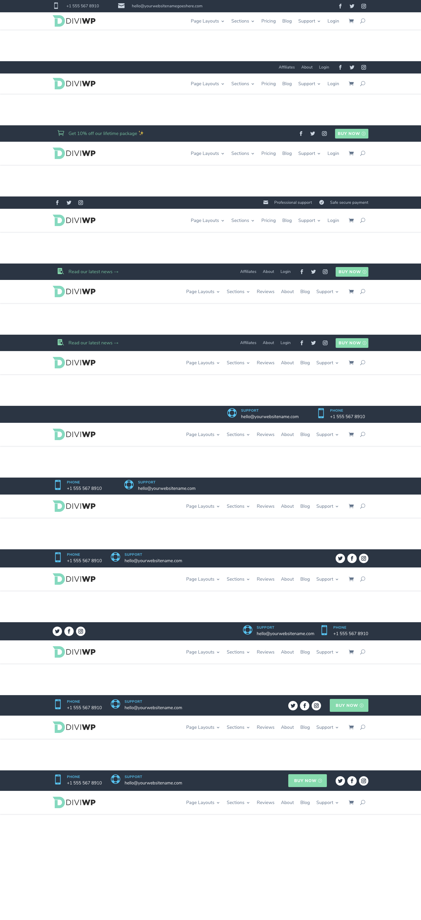 Header Sections 9 - 20 include rows that use a combination of Blurbs, Menus, Social Follow and Button Modules. Here they are…