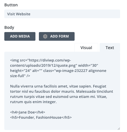 The Slide description includes a quote icon graphic uploaded to the body WYSIWYG editor and uses h4 and h5 tags for the name…