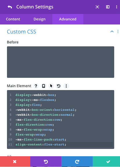 Back to the example above, if we click on the Settings → Advanced → Custom CSS editor, here's what we'd see