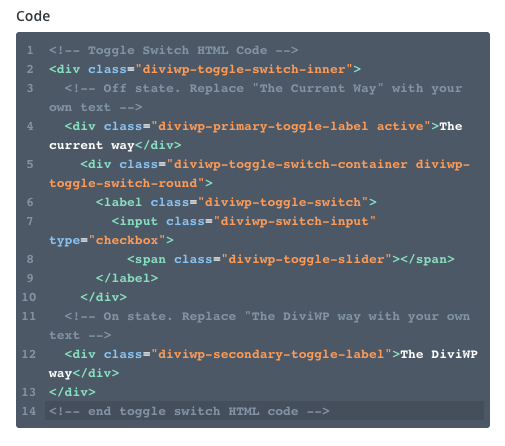 To update the actual text you'll need to edit the "Toggle Switch HTML Code" module