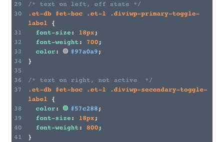 Opening up the "Toggle Switch CSS Code" module, you can edit the color hex code on line 33